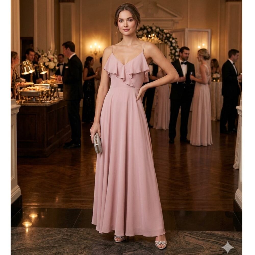 Jenny Yoo Collection Pink Ruffle V-Neck Maxi Dress - Dusty Rose EUC